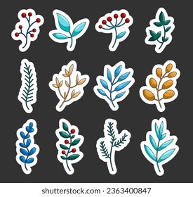 Winter branch berry. Sticker Bookmark. Christmas plant floral decor. Vector drawing. Collection of design elements.