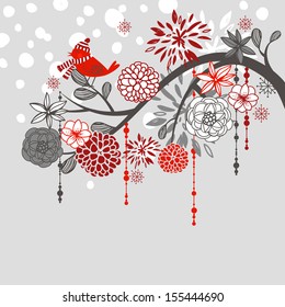 A winter branch with a bird and falling snow. Red and Grey colors