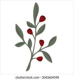 Winter branch with leaves and berries. Christmas floral illustration for invitations, greeting card, textile, fabric, posters.
