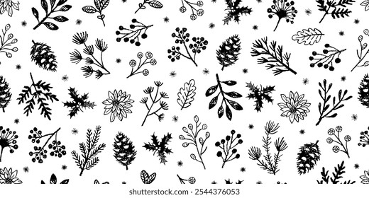 Winter branch pattern. Vector Christmas tree. Crayon pine plant seamless. White black hand drawn mistletoe, fir pine, holly branch, Christmas tree pattern. Line Xmas background. Charcoal floral winter