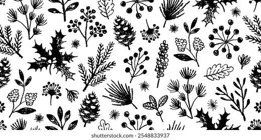 Winter branch pattern. Vector Christmas tree. Crayon pine plant seamless. White black hand drawn mistletoe, fir pine, holly branch, Christmas tree pattern. Line Xmas background. Charcoal floral winter