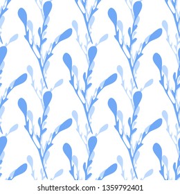 Winter Branches seamless pattern.  Blue leaf branch backdrop. Vector illustration on white background for textile or book covers, wallpapers, design, graphic art, wrapping