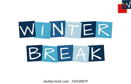 winter break, cartooned cutout text in blue colored rotated squares