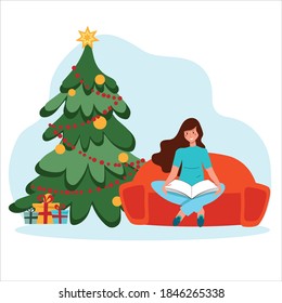 Winter break season. A beautiful girl is sitting on the couch and reading a book. New Year s and Christmas. Winter and holidays. Vector illustration for a postcard or poster.