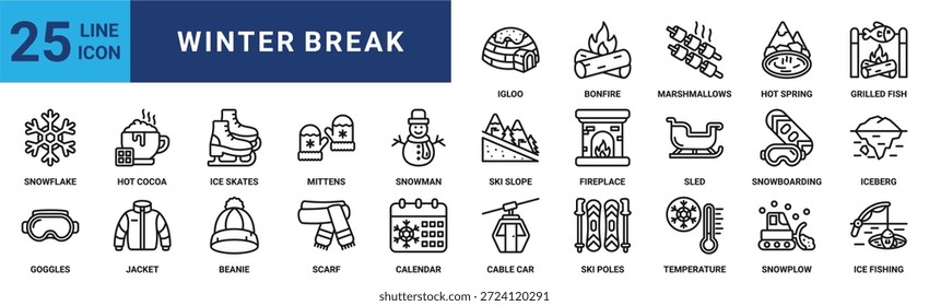 Conjunto de iconos de vacaciones de invierno. Contiene cacao caliente, patines de hielo, mitones, muñeco de nieve, pista de esquí, chimenea, snowboard y más. Colección de iconos de vector de contorno