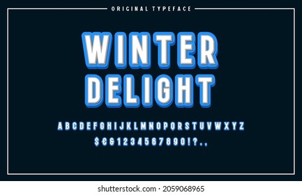 Winter Bright 3d bold and strong modern typeface, vibrant cool style effect, numbers and symbols. Vector illustration. Vector illustration