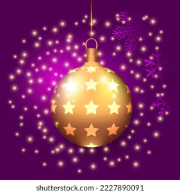 Winter, bright greeting card. Christmas ball with sweets, stars, snow, snowflakes on purple background. Christmas decorations. Realistic design. Stock vector illustration.