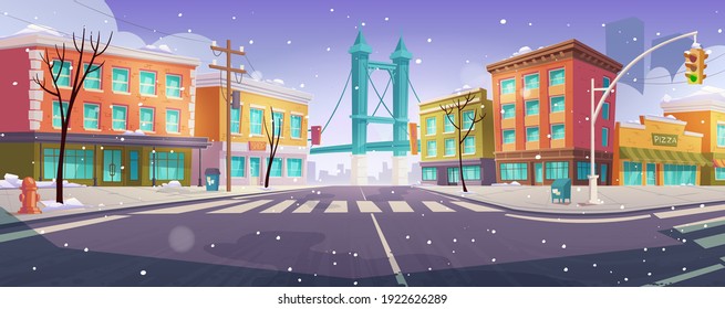 Winter Brooklyn Crossroad And Bridge City View, Empty Street With Transport Intersection And Zebra, Urban Architecture, Megapolis Infrastructure With Snow And Bare Trees. Cartoon Vector Illustration