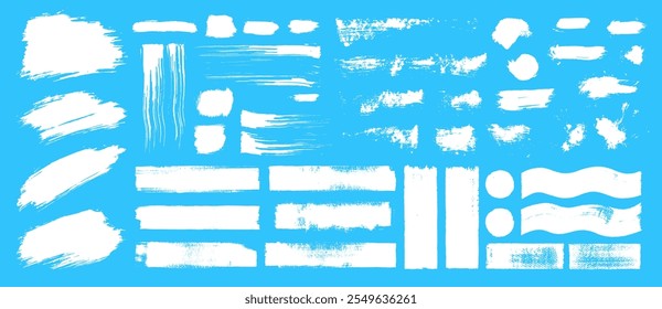 Winter brush stroke smudge set. Bold thick line vector ink brush strokes. White hand drawn snowy calligraphy lines on blue background. Wide snow textured lines. Abstract acrylic hand-painted banner bg