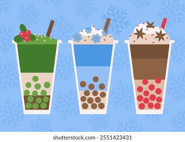 Winter Bubble Tea art. Christmas drink Coffee Boba Tea. Glass of bubble. Taiwan milk tea with bubbles. Boba milk tea. Retro colorful art with drink. Modern trendy print.