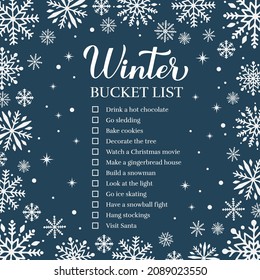 Winter bucket list. Funny things to do checklist. Seasonal activity planner.  Holidays wish list. Easy to edit vector template.  