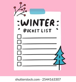 Winter bucket list on pink background. Hand drawn illustration.