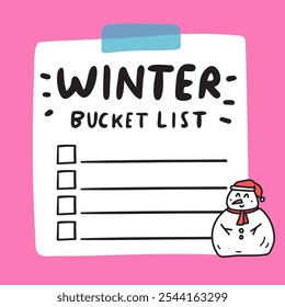 Winter bucket list with snowman. Hand drawn illustration on white background.