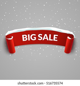 Winter Bug sale background with red realistic ribbon. Winter poster or banner promotional design with snow. Vector discount marketing element.