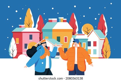 Winter building snow scene illustration winter character city road outdoor poster