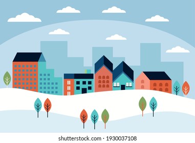 winter buildings cityscape icon set