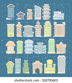 Winter buildings icons. Skyscrapers and towers in snowfall. Snow on rooftops and snowdrifts. Urban structure. Town snowstorm. Elements of city. Government and public building. wintery architecture 