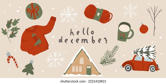 Winter bundle of cute and cozy design elements. Set of Christmas toys, knitted sweaters, socks, florals and tea cup. Holiday horizontal banner. Flat vector cartoon illustration collection isolated