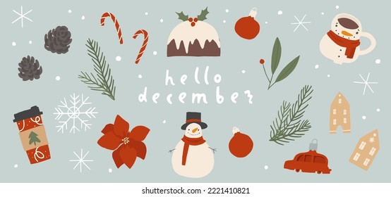 Winter bundle of cute and cozy design elements. Set of Christmas cakes, cookies, florals and cocoa, coffee, tea cup. Holiday horizontal banner. Flat vector cartoon illustration collection isolated