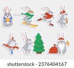 Winter bunnies, sticker pack. Set of cute bunnies. Winter sports. Christmas tree. Flat vector illustration.