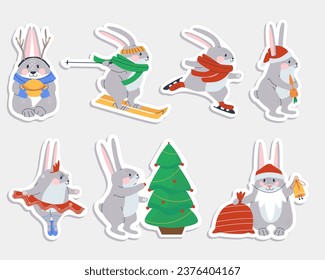 Winter bunnies, sticker pack. Set of cute bunnies. Winter sports. Christmas tree. Flat vector illustration.