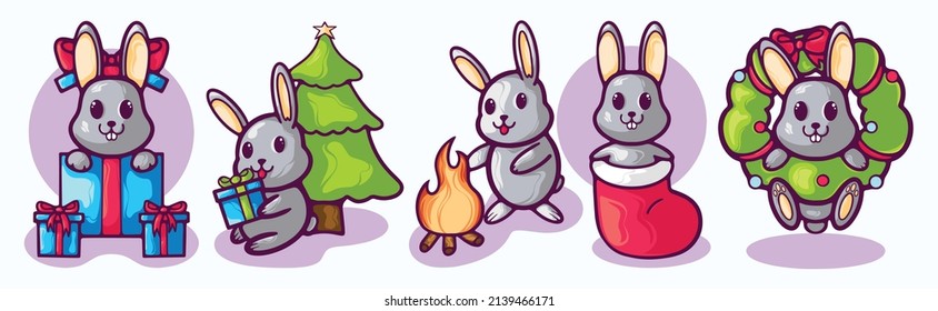 winter bunny cartoon character poses vector illustration