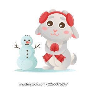Winter bunny characters. Cute cartoon rabbit playing in winter forest. Snowman, hat, scarf.