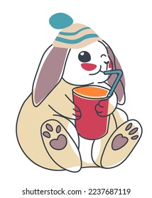 Winter bunny drinking tasty cocoa or hot chocolate from straw. Isolated cute hare personage wearing knit hat, Rabbit character with long ears and muzzle expression. Vector in flat style illustration