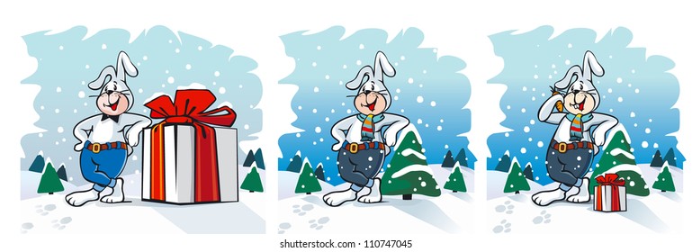 Winter Bunny with Gift and Christmas Tree