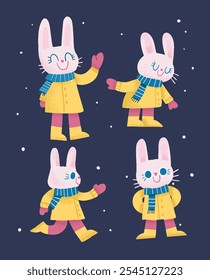 Winter Bunny Illustrations Set with Cozy Outfit and Snowy Background