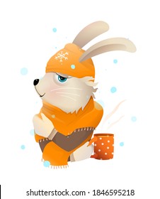 Winter bunny or Rabbit drinking hot cup of tea wearing knitted hat and scarf. Romantic cute animal in winter clothes illustration for kids, vector cartoon in watercolor style.