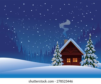 Winter Cabin with Christmas Trees