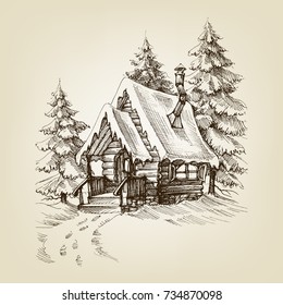 Winter cabin exterior. Pine trees forest and snow