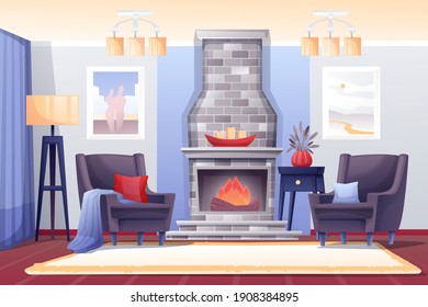 Winter Cabin With Fireplace Interior Design Background. Vacation At Ski Resort Vector Illustration. Modern Apartment With Armchairs, Fire With Mantelpiece With Candles, Posters, Carpet.