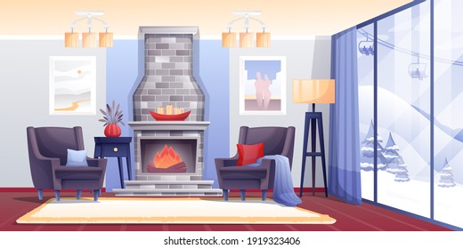 Winter cabin with fireplace interior design background. Vacation at ski resort vector illustration. Apartment with armchairs, fire, posters, window view on slopes and trees.