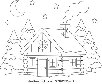 Winter Cabin in Forest Coloring Page for Kids
Cozy snowy cabin surrounded by pine trees under a moonlit sky. Simple black and white coloring page perfect for children's winter-themed activities.