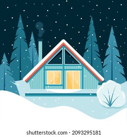 Winter Cabin with landscape. Cute vector illustration in flat style. Cozy A-frame house in night forest with fir-trees. Happy new year banner. Merry Christmas background, greeting card. Winter time