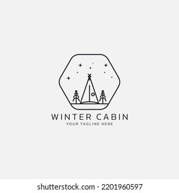 Winter cabin logo in a hexagon in line style.