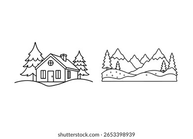 Cabana de inverno e árvores da casa da paisagem da montanha