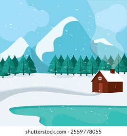 Winter cabin in snowy landscape with pine trees Vector