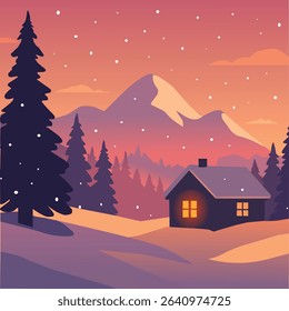 Winter Cabin at Sunset in Snowy Mountain Landscape – Flat Vector Illustration