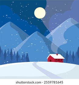 Winter cabin under a full moon in snowy mountains Vector