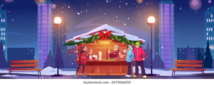 Winter cafe building outside on street vector background. Night city park shop with coffee and people character. Decorated Christmas urban outdoor store exterior with falling snow. Girl in local pub