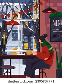 Winter cafe or restaurant indoor vector image. Coffeehouse window landscape on street with snowfall. Wintertime mood or vibe at december cafeteria. Urban cold cityscape view during drinking coffee