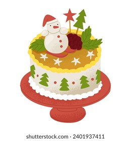 Winter cake decorated with a snowman figure, pine cone and leaves. Sweets for Christmas and New Year's parties. Comfort in home. Vector illustration isolated on white background.