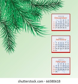 Winter calendar for a green background with pine branches. Vector
