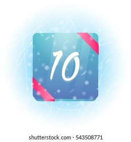 Winter calendar icon with date 10 vector illustration. Calendar with ribbon on ice and falling snow.