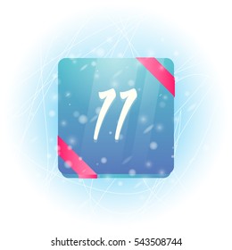 Winter calendar icon with date 11 vector illustration. Calendar with ribbon on ice and falling snow.