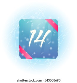 Winter calendar icon with date 14 vector illustration. Calendar with ribbon on ice and falling snow.