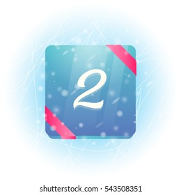 Winter calendar icon with date 2 vector illustration. Calendar with ribbon on ice and falling snow.